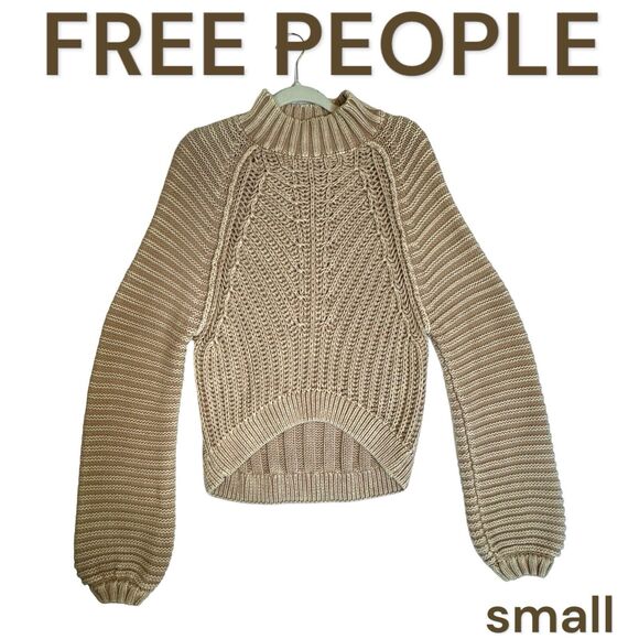 FREE PEOPLE SWEETHEART SWEATER SMALL SANDCASTLE BOHO HIPPIE MOCK NECK HI LOW - Picture 1 of 16